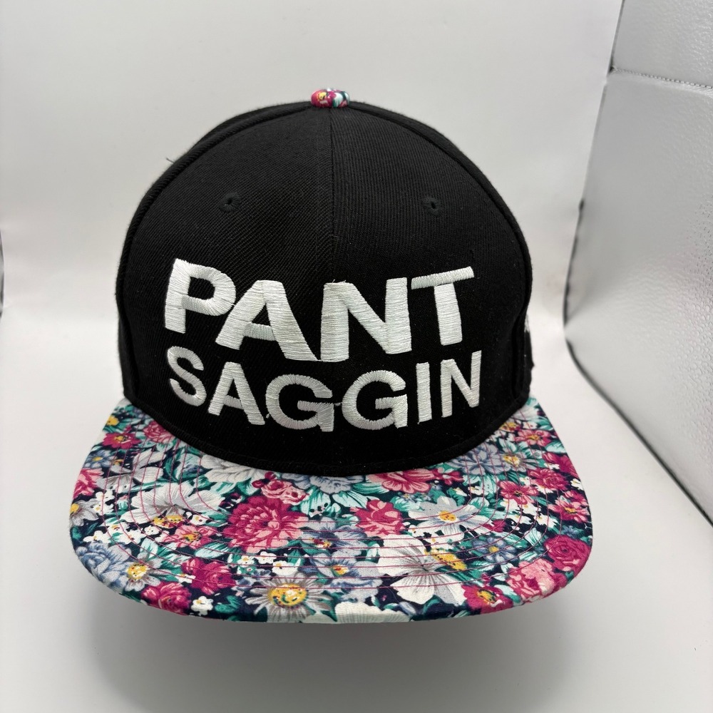 Crown Snapback Hat Black Floral Brim "PANT SAGGIN" Logo Embroidered Hip Hop